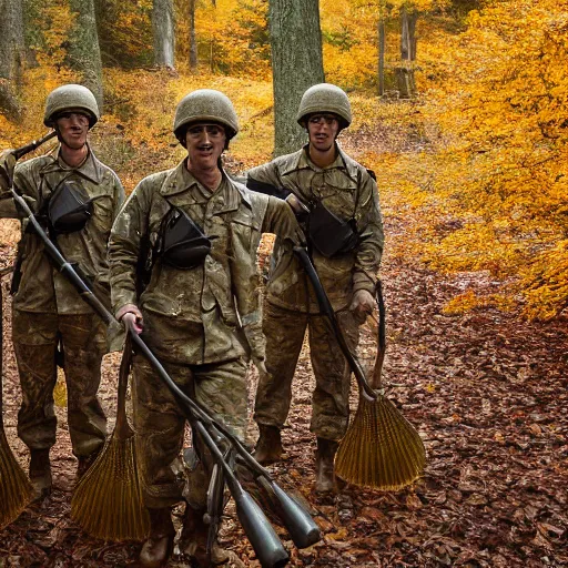 Image similar to portrait of soldiers armed with leaf blowers in a fall forest, by Steve McCurry and David Lazar, natural light, detailed face, CANON Eos C300, ƒ1.8, 35mm, 8K, medium-format print