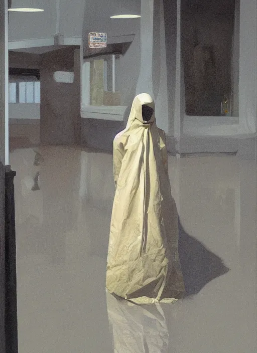 Image similar to woman in a translucent clothing made from plastic bag with paper bags for clothes standing inside paper bags with paper bag over the head at store display on flooded night street Edward Hopper and James Gilleard, Zdzislaw Beksinski, highly detailed