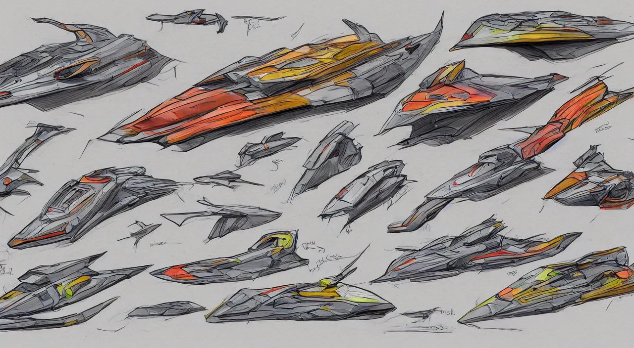 Prompt: colored sharp spaceship sketches
