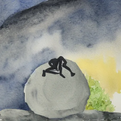 Image similar to rainy watercolor of sisyphus sitting on his boulder