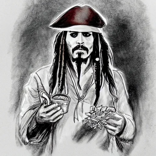 Prompt: Courtroom Sketch of Jack Sparrow on trial, holding a jar of scat in hand