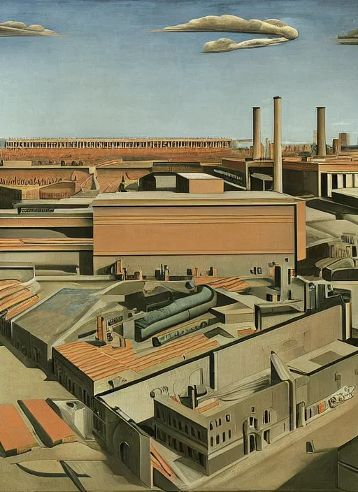 Prompt: a painting by giorgio de chirico of an elongated industrial warehouse that extends through the city containing a park inside designed by oma