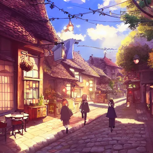 Image similar to beautiful cute cozy very little cafe on a cobblestone street, golden morning light, simple fantasy anime style of hayao miyazaki, digital art trending on artstation