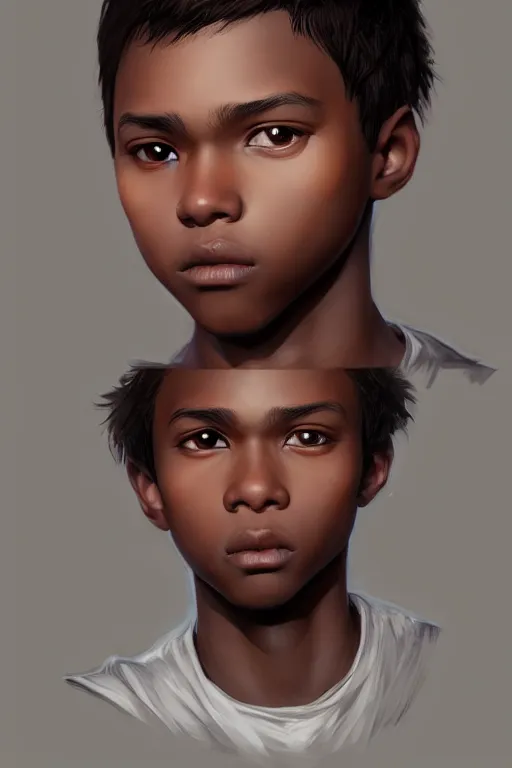 Image similar to young teenager boy with straight short brown hair, dark skin, big lips. highly detailed, d & d, fantasy, highly detailed, digital painting, trending on artstation, concept art, sharp focus, illustration, art by artgerm and greg rutkowski and fuji choko and viktoria gavrilenko and hoang lap