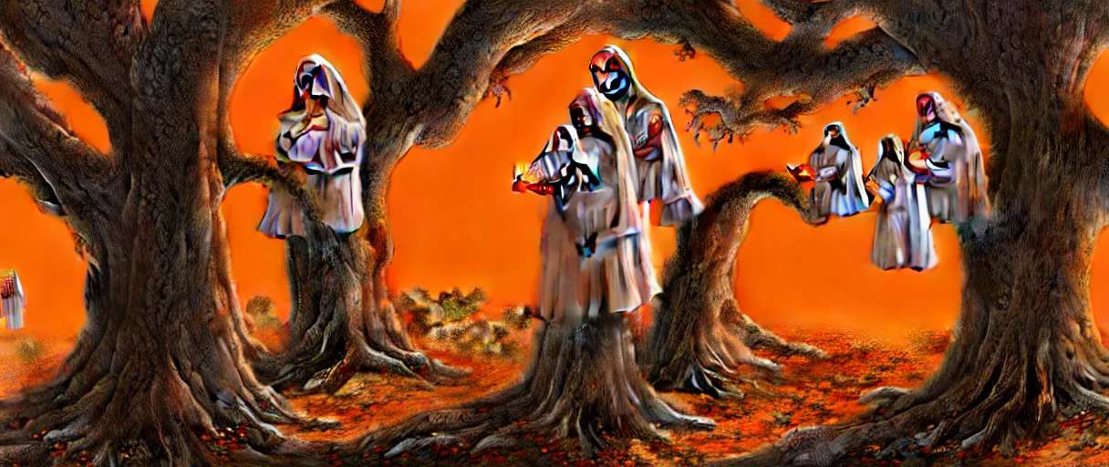 Image similar to hyperrealistic hyper detailed 35mm portrait of cyborg nuns tangled into a giant oak tree matte painting concept art key sage jeff koons very dramatic orange lighting low angle hd 8k sharp shallow depth of field