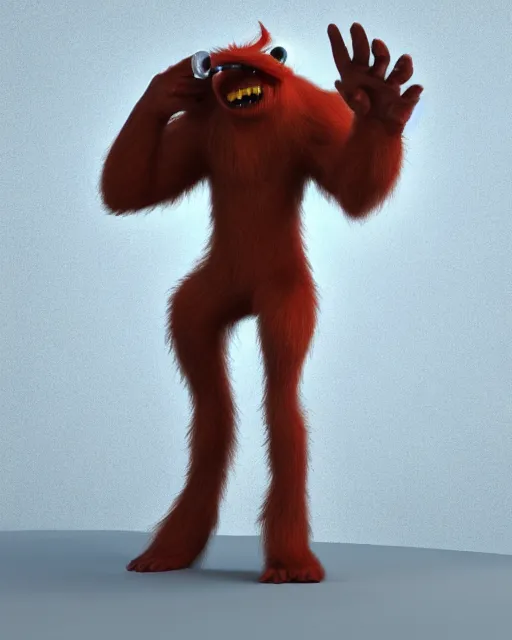 Image similar to 3 d render of completely red hairy friendly antropomorphic cartoony creature wearing chrome shades, similar to jake sully, without nose, full body, simple, cute, white background, unreal engine 5, octane render, highly detailed hdr