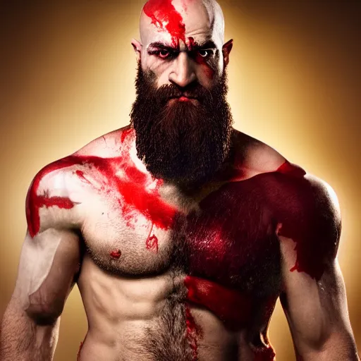 Prompt: head and shoulders portrait of kratos god of war, light spatter of blood, detailed face, photography by jimmy nelson, dramatic mountain background, golden hour