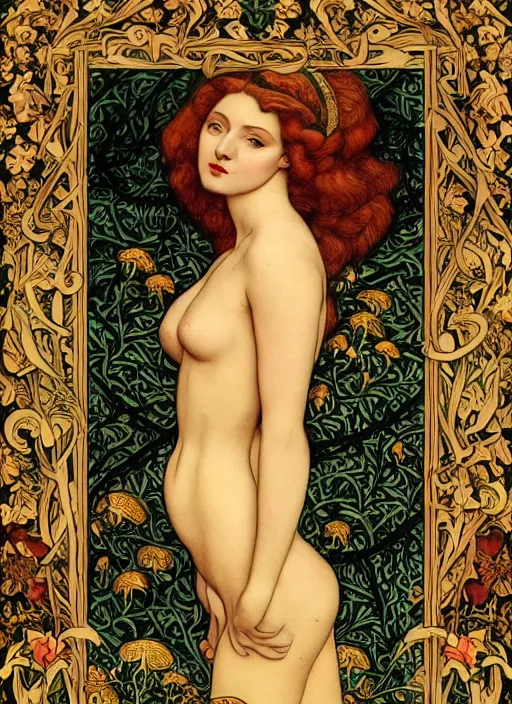 Image similar to masterpiece beautiful seductive flowing curves pinup pose preraphaelite face portrait photography, extreme closeup shot, straight bangs, thick set features, yellow ochre ornate medieval dress, amongst foliage mushroom forest arch, circle, william morris and kilian eng and mucha, framed, 4 k