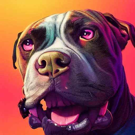 Prompt: an amazing glitchart portrait of a cute mad pitbull. intricate, epic lighting, cinematic composition, hyper realistic, 8 k resolution, unreal engine 5, by artgerm, tooth wu, dan mumford, beeple, wlop, rossdraws, james jean, marc simonetti, artstation