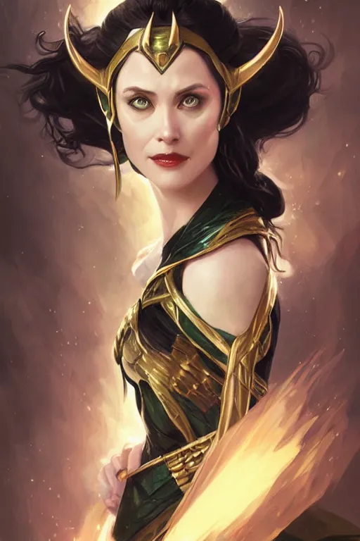 Image similar to portrait of lady loki, D&D, fantasy, highly detailed, digital painting, artstation, concept art, smooth, sharp focus, illustration, art by artgerm and greg rutkowski and alphonse mucha