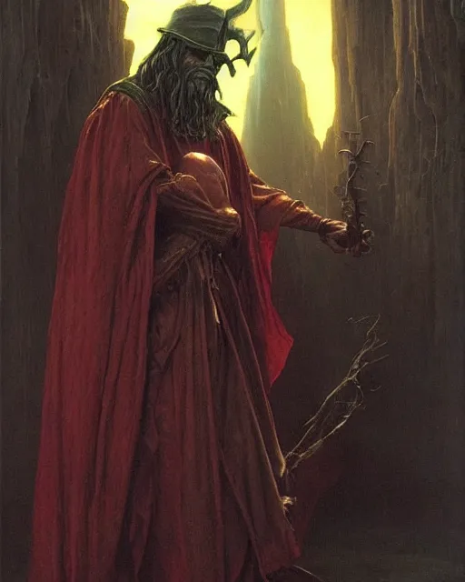 Prompt: A wizard. He has a very menacing expression. he wears robes. Award winning oil painting by Thomas Cole and Wayne Barlowe. Highly detailed