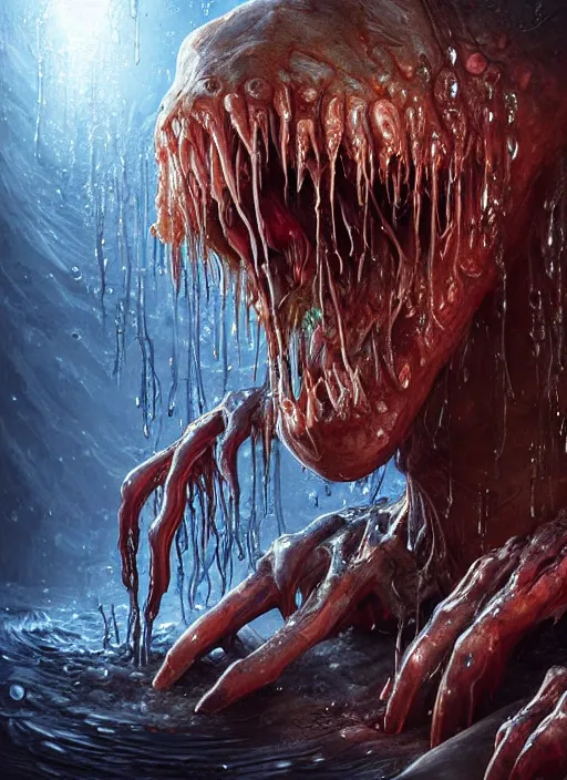 Image similar to digital painting of a wet smily undead drowned monster, with translucent and weiny skin, long freaky finger, by filipe pagliuso and justin gerard, fantasy, highly detailed, realistic, intricate, glowing eyes