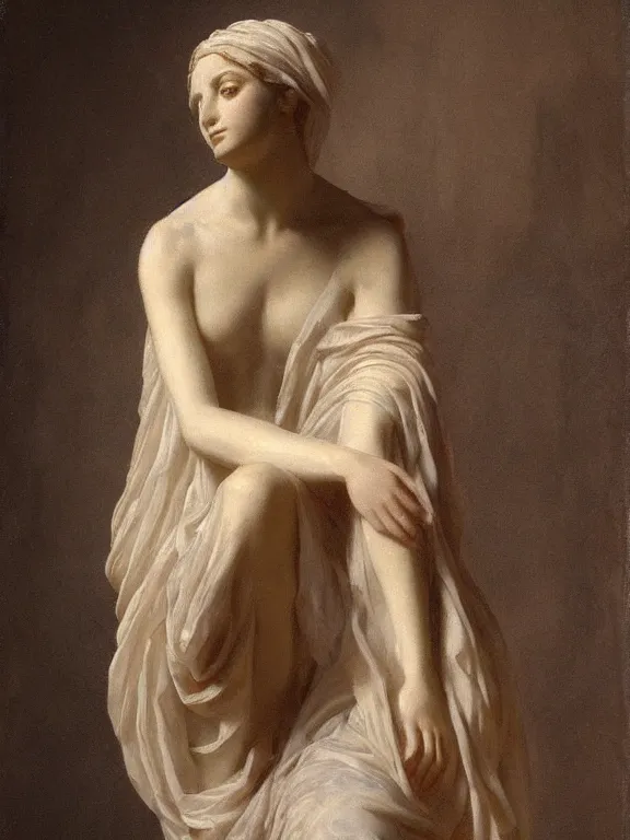 Prompt: sculpture of a sad fragile beautiful veiled girl covered in translucent flowing dress, exaggerated drapery, classical greece, alla prima, oil painting, by giovanni strazza and raffaelo monti