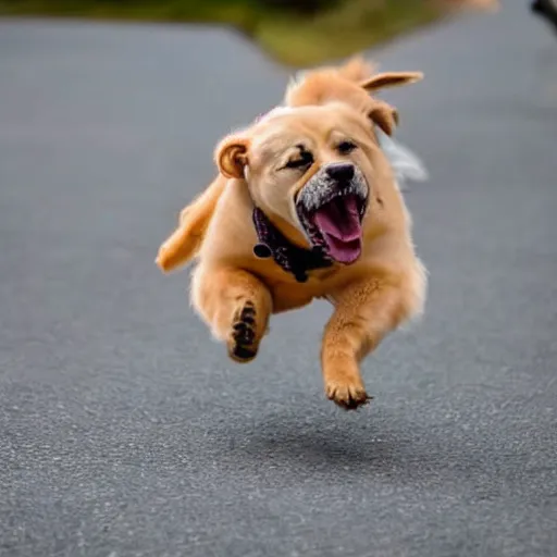 Prompt: a dog running away from a flying frying pan