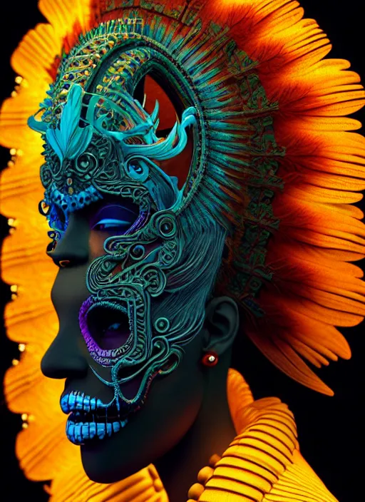 Image similar to 3 d mexican goddess profile portrait. beautiful intricate highly detailed day of the dead mask and feathers. low - key lighting, bioluminescent, plasma, lava, ice, water, wind, creature, quetzalcoatl, artwork by tooth wu and wlop and beeple and lee jeffries, 8 k trending on artstation,