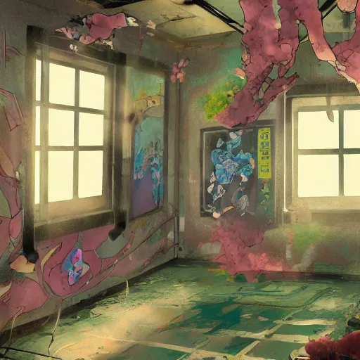 Image similar to painted anime background of the interior of a bedroom in the slums built from various coral seashells and being reclaimed by nature, nostalgia, vaporwave, litter, steampunk, cyberpunk, caustics, anime, vhs distortion, inspired by splatoon by nintendo, art created by miyazaki