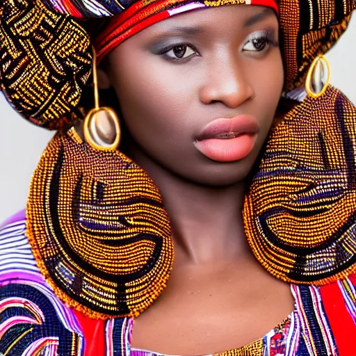 Prompt: african fashion model wearing tribal clothing close up heavy bokeh looking to lens