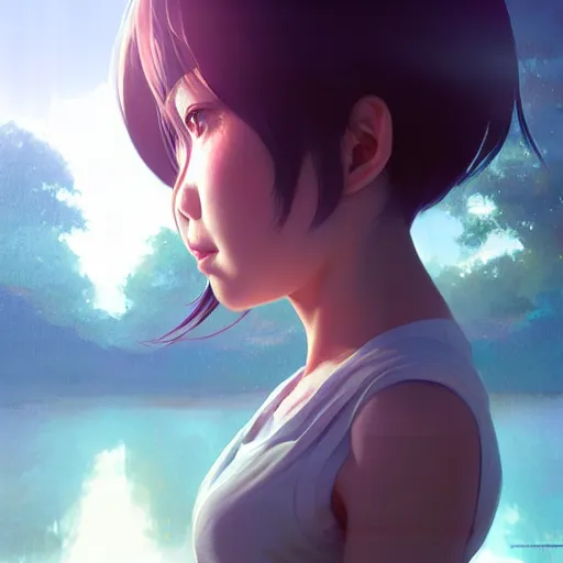 Image similar to very small little girl by ross tran, touching their reflection sana takeda, rtx reflections, very high intricate details, digital anime art by artgerm, medium shot, mid - shot, composition by ilya kuvshinov, lighting by greg rutkowski