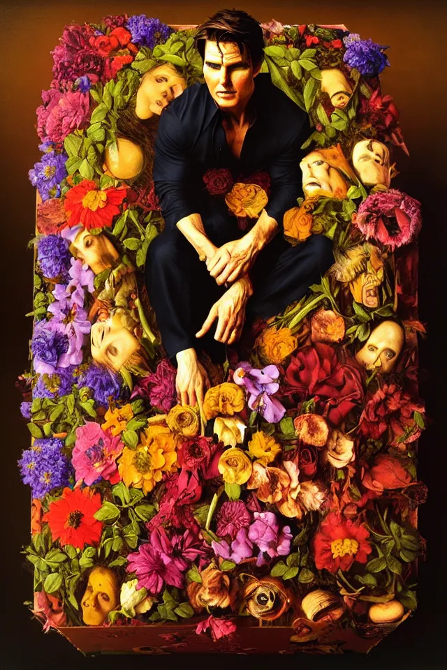 Prompt: bizarre surreal renaissance portrait of tom cruise as a box made out various flowers, dramatic cinematic lighting, bold colors, 8 k, beautiful intricate painting