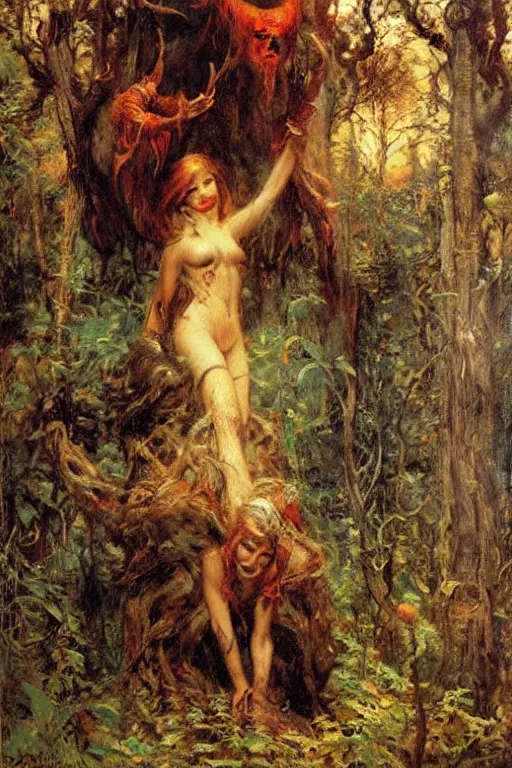 Prompt: the woods are full of monster comic cover. art by gaston bussiere.