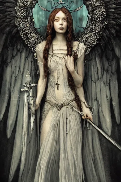 Prompt: breathtaking detailed soft painting of a grim reaper angel in gauze dress with a scythe blade, with long hair and piercing eyes, in an intricate medieval stained glass, rembrandt style, elegant, highly detailed, artstation, concept art, matte, sharp focus, art by tom bagshaw, luis royo and greg rutkowski