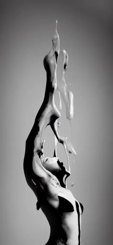 Image similar to perfect female body silhouette, liquid sculpture, astral clockwork, abstract shapes, photorealism, beautiful portrait, white and black latex mixture, black ink, body acts photography, abstract art, concept art, matte painting, elegant