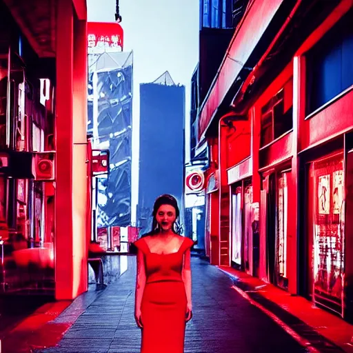 Image similar to a beautiful woman in a red dress standing on a bustling cyberpunk city street at night
