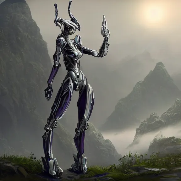 Prompt: extremely detailed cinematic low ground shot of a giant 1000 meter tall beautiful stunning female warframe goddess, that's an anthropomorphic hot robot mecha female dragon, silver sharp streamlined armor, detailed head, sharp claws, glowing Purple LED eyes, sitting cutely on a mountain in the background, a tiny forest with a village in the foreground, fog rolling in, dragon art, warframe fanart, Destiny fanart, micro art, macro art, giantess art, fantasy, goddess art, furry art, furaffinity, high quality 3D realism, DeviantArt, Eka's Portal, HD, depth of field