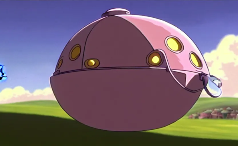 Image similar to a cell - shaded cartoon movie still from howl's moving castle ( 2 0 0 4 ) of a chrome ufo. very dull muted colors, hd, 4 k, hq