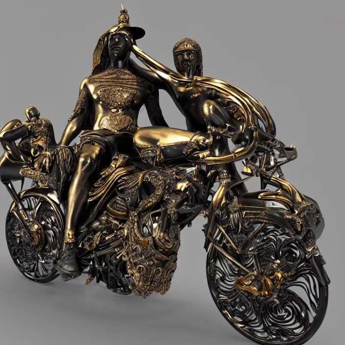 Image similar to fine art statue of masculine black egyptian man on a surrealist motorcycle, ebony art deco, carved black marble, inlaid with ebony and gold accents, ebony rococo, wings black lace wear, spider zero, zaha hadid, beautifully lit, hyper detailed, intricate, elite, ornate, photorealistic, micro details, 3 d sculpture, ray trace