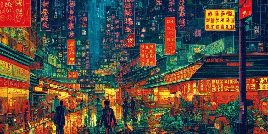 Image similar to artwork of a hong kong street, by dan mumford and wong kar - wai and peter doig, highly detailed, dramatic lighting, 8 k