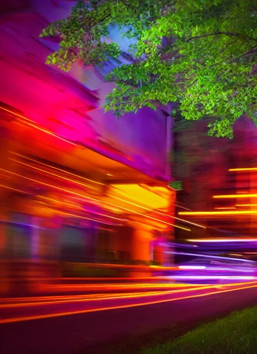 Image similar to Neon night, red lights of the car motion blur, oak alley