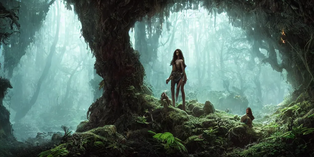 Prompt: cave troll eating a succubus in an ancient bioluminescent forest, ana de armas, flawless symmetrical pretty cute face, greg rutkowski, 8 k, shallow depth of field, intricate detail, concept art,