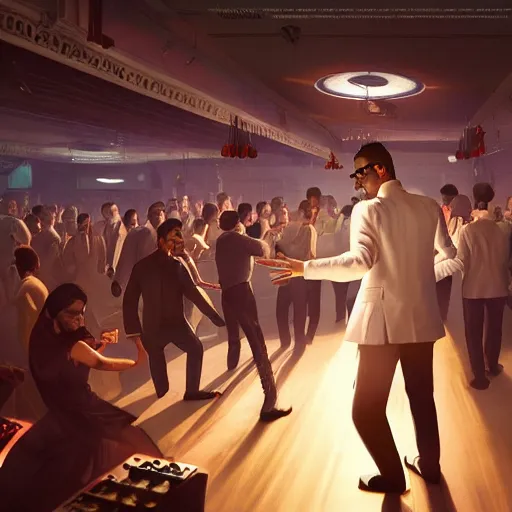Image similar to a portrait of an indian businessman dj in nightclub, people dancing in background, anatomy, bathed in light, highly detailed, photorealistic, artstation, smooth, sharp focus, illustration, unreal engine 5, 8 k, art by artgerm and greg rutkowski and edgar maxence