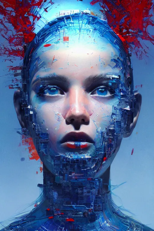 Image similar to 3 d, sci - fi, sun rays, sleepy fashion model face, detailed blue, cinematic, vogue cover style, poster art, light red and deep blue mood, realistic painting, intricate oil painting, high detail, figurative art, multiple exposure, poster art, 3 d, by tooth wu and wlop and beeple and greg rutkowski