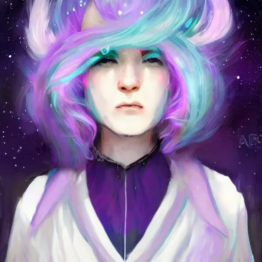 Prompt: a nonbinary changeling wearing a starry cloak, purple vest, white sleeves, aurora colored hair, starry eyes, curious expression, watching people on the street, character art, full body art, Dungeons and Dragons, D&D, trending on artstation, artgerm, 4k ultra hd, sharp focus, digital art by Ilya Kuvshinov and Ross Tran,