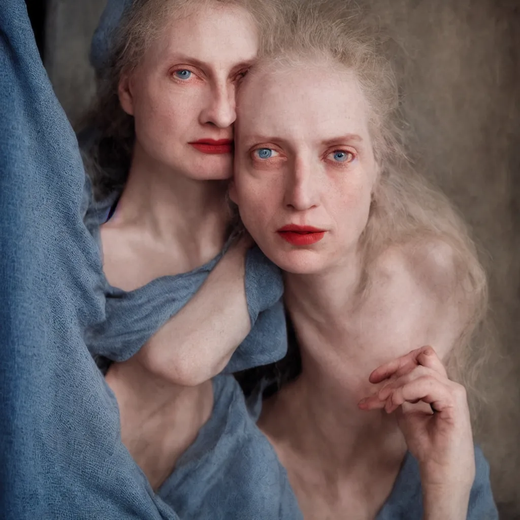 Prompt: close up portrait of a pale woman, photograph, blue and red studio light, sharp, detailed face, gaze, editorial model, annie leibovitz, steve mccurry, 1 0 5 mm, at the restaurant at the end of the universe, 8 k