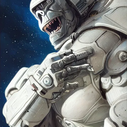 Image similar to detailed science - fiction character portrait of a silverback gorilla wearing a white armored space suit, intricate, wild, highly detailed, digital painting, artstation, concept art, smooth, sharp focus, illustration, art by artgerm and greg rutkowski and alphonse mucha