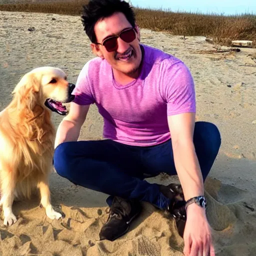 Image similar to markiplier sitting on the beach with a golden retriever. photograph. low angle. high quality.