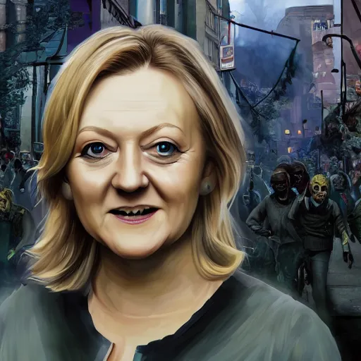 Image similar to painting of liz truss in racoon city full of zombies, hd, 4 k, 8 k artstation,