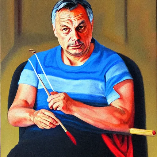 Image similar to viktor orban knitting, oil painting