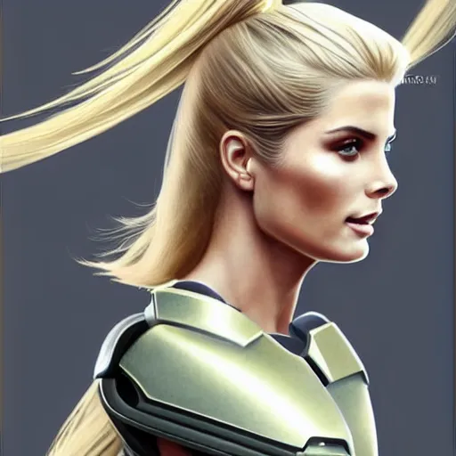 Prompt: A combination of Ashley Greene's and Adriana Dxim's and Grace Kelly's appearances with blonde hair wearing Forerunner armor from Halo, high tech, action shot, angular, full body portrait, futuristic, dramatic, fantasy, intricate, elegant, highly detailed, artstation, matte, sharp focus, 8K, art by Artgerm and Greg Rutkowski and Alphonse Mucha