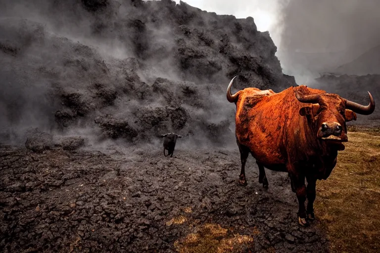 Image similar to wildlife photography bull made of lava by Emmanuel Lubezki