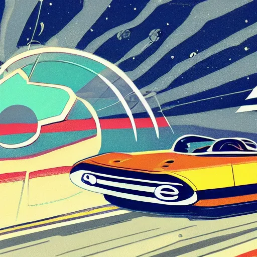 Image similar to 1960s car on a road in space driving towards a planet, trending on art station