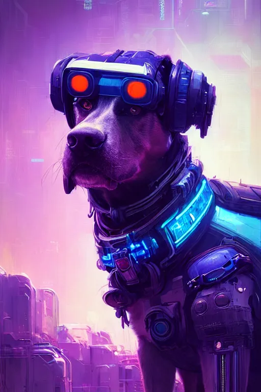 Prompt: a beautiful portrait of a cute cyberpunk dog by greg rutkowski and wlop and sandra chevrier, purple blue color scheme, high key lighting, volumetric light, digital art, highly detailed, fine detail, intricate, ornate, complex, octane render, unreal engine, photorealistic