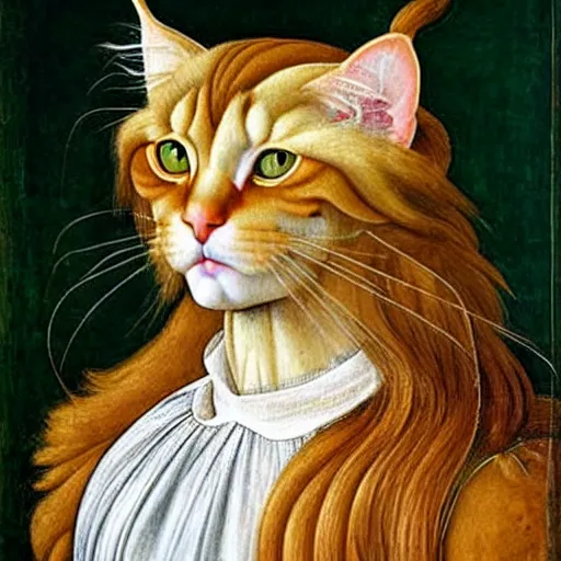 Image similar to beautiful renaissance painting portrait of ginger maine coon by sandro botticelli, jan van eyck, tiziano vecelli, piero della francesca