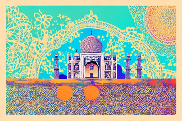 Image similar to minimalist boho style art of colorful taj mahal at sunrise, illustration, vector art