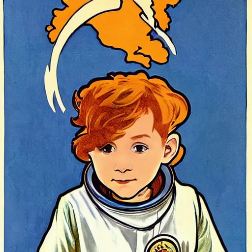 Image similar to a cute little boy with a mischievous face and short ginger hair. he is dressed as an astronaut. well composed, clean elegant painting, beautiful detailed face. comic book art by steve ditko and jack kirby and ( alphonse mucha )