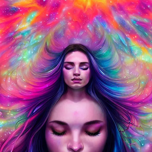 Image similar to a galaxy pink purple and blue colored, psychedelic ethereal portrait, kim petras with her eyes closed, transcending to a higher plane of existence, eternal blessing, multiverse, by android jones, by ben ridgeway, visionary art, by artgerm, featured on artstation, cgsociety, by greg rutkowski