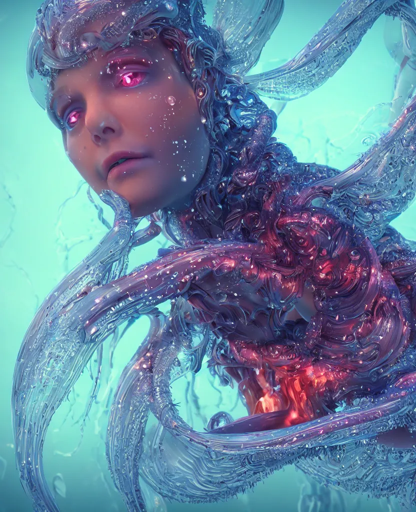 Image similar to close-up macro portrait of the face of a beautiful princess, epic angle and pose, symmetrical artwork, 3d with depth of field, blurred background, cybernetic jellyfish female face skull phoenix bird, translucent, nautilus, energy flows of water and fire. a highly detailed epic cinematic concept art CG render. made in Maya, Blender and Photoshop, octane render, excellent composition, cinematic dystopian brutalist atmosphere, dynamic dramatic cinematic lighting, aesthetic, very inspirational, arthouse. y Greg Rutkowski, Ilya Kuvshinov, WLOP, Stanley Artgerm Lau, Ruan Jia and Fenghua Zhong